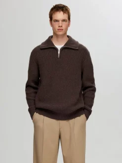 Selected Miesten Neulepusero LAND LS KNIT HALFZIP Tummanruskea
