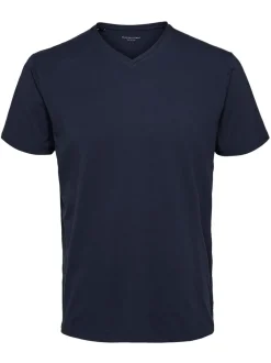 Selected Miesten T-paita, Pima Ss V-neck Tummansininen
