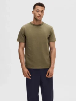 Selected miesten t-paita, SANDER SEERSUCKER SS O-NECK Armeijanvihreä