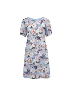 S.T.I naisten pellavamekko, CARENNA PRINT LINEN DRESS Sininen Kuosi