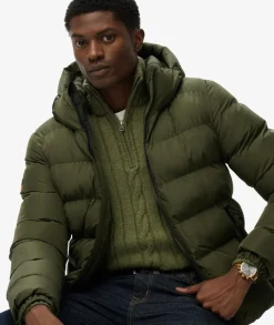 Superdry Miesten Talvitakki, Hooded Sports Puffer Jacket Tummanvihreä
