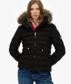Superdry naisten takki Fuji Faux Fur Hood Padded Jkt, musta