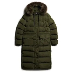 Superdry Naisten Talvitakki, Everest Faux Fur Longline Jkt Tummanvihreä