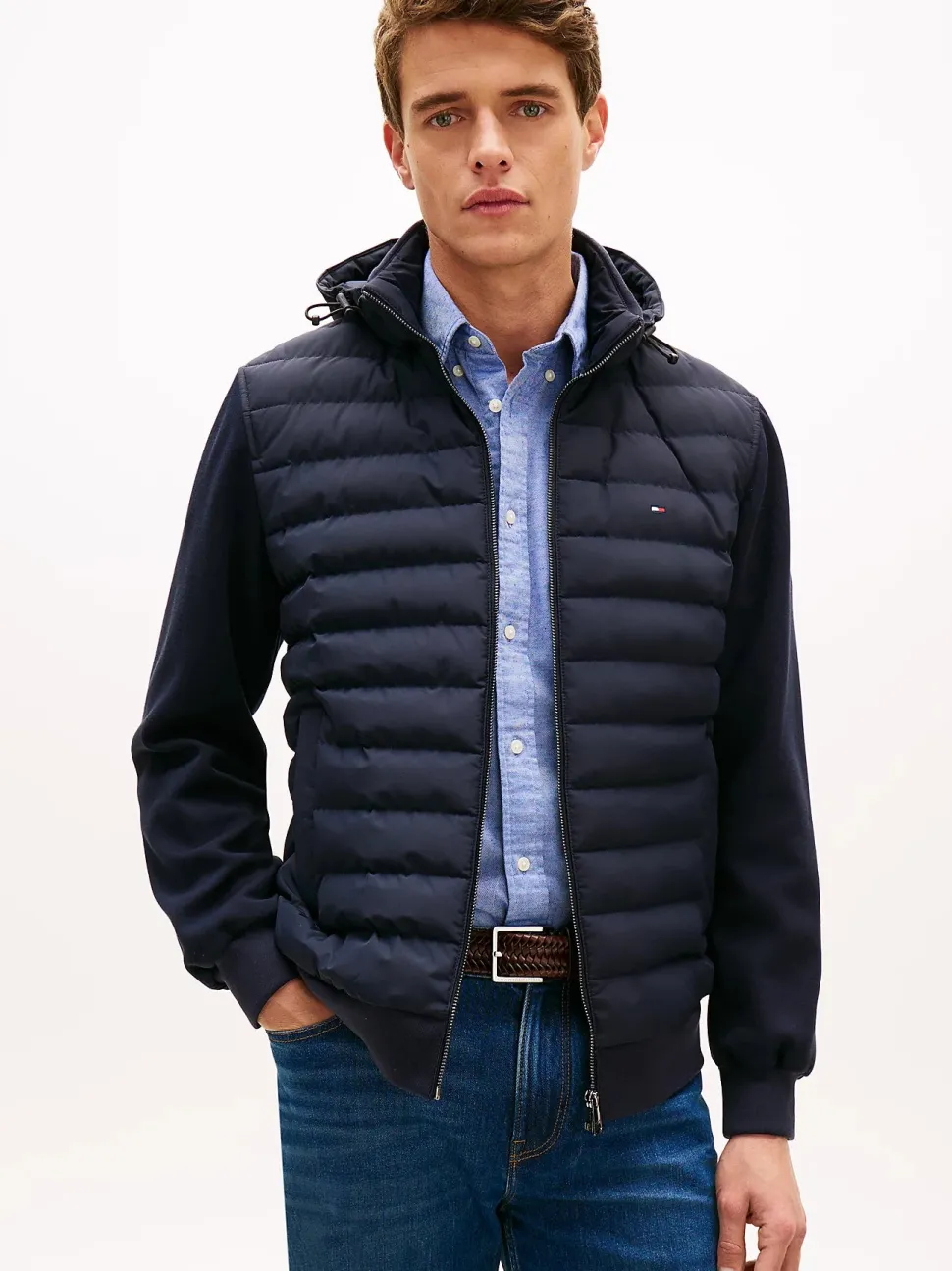 Tommy Hilfiger miesten hybriditakki Mix Media Hooded Zip, tummansininen