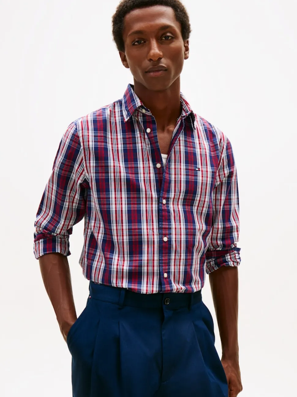 Tommy Hilfiger miesten kauluspaita Flex Poplin Medium Check Shirt, punainen