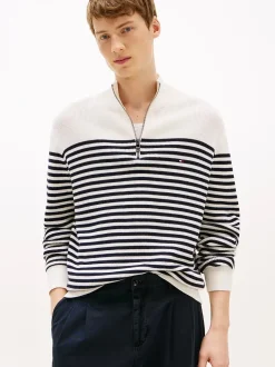 Tommy Hilfiger miesten neule, RACKING STRUCTURE HALF ZIP Raidallinen Valkoinen