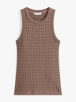 Tommy Hilfiger naisten hihaton neule, CO CABLE FINE SLIM SWEATER Tummanruskea
