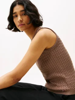 Tommy Hilfiger naisten hihaton neule, CO CABLE FINE SLIM SWEATER Tummanruskea