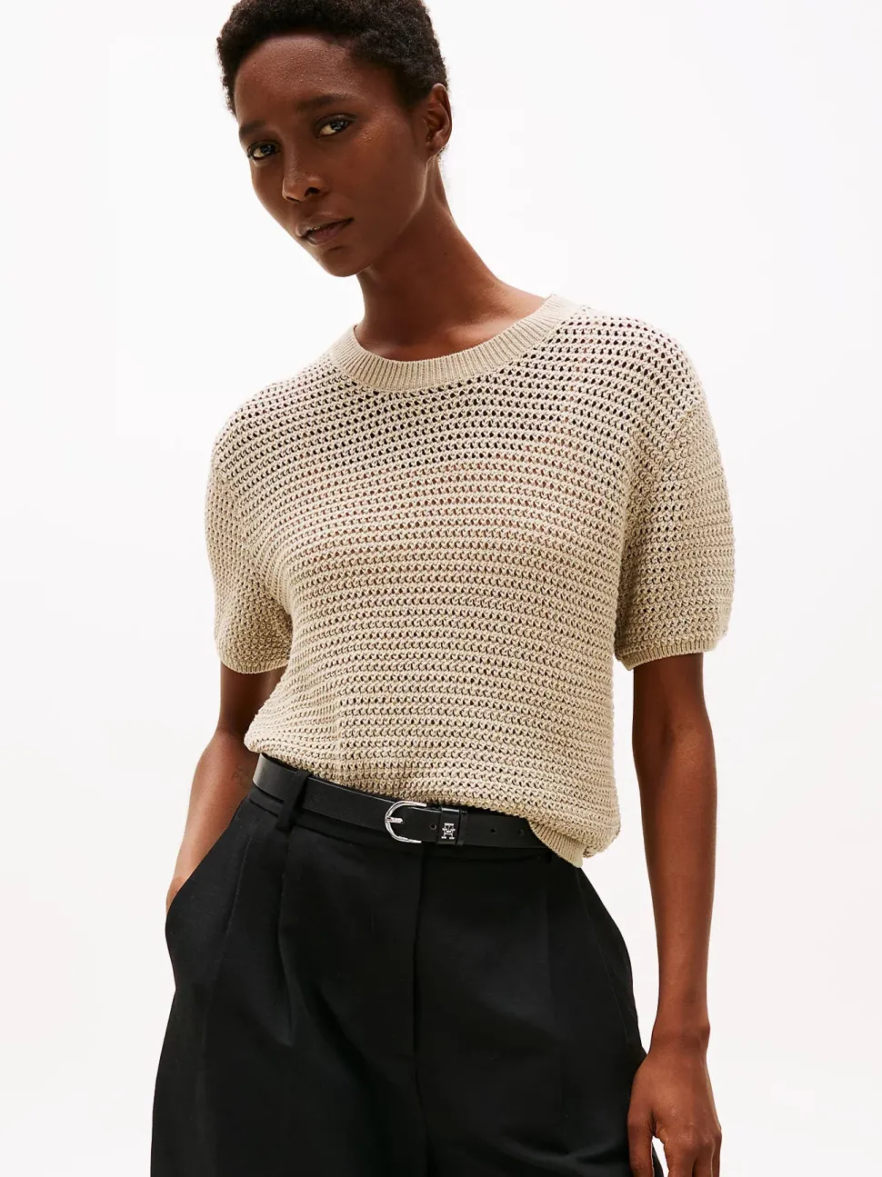 Tommy Hilfiger naisten lyhythihainen neulepusero, POINTELLE CROCHET SS C NECK SWEAT Vaalea Beige