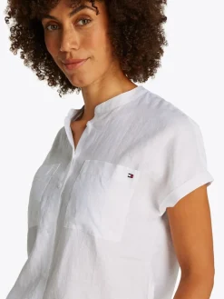 Tommy Hilfiger naisten lyhythihainen pellavapusero, ESS LINEN COLLARLESS SS BLOUSE Valkoinen