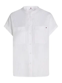 Tommy Hilfiger naisten lyhythihainen pellavapusero, ESS LINEN COLLARLESS SS BLOUSE Valkoinen