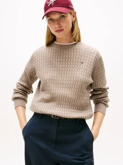 Tommy Hilfiger naisten neulepusero CO CABLE FINE GG C-NK LS SWEATER, vaalea beige
