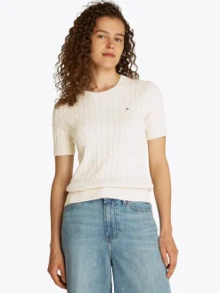 Tommy Hilfiger naisten neule, CO CABLE MID GG SS C-NK SWEAT Luonnonvalkoinen