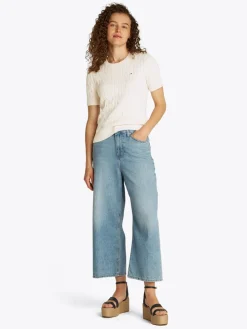 Tommy Hilfiger naisten neule, CO CABLE MID GG SS C-NK SWEAT Luonnonvalkoinen