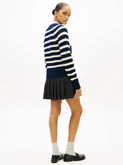 Tommy Hilfiger naisten neulepusero Gold Btn Utility LS C-NK SWT, raidallinen sininen