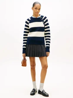 Tommy Hilfiger naisten neulepusero Gold Btn Utility LS C-NK SWT, raidallinen sininen