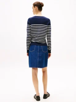 Tommy Hilfiger naisten neule, CO JERSEY STITCH LS BOATNECK SWEATER Raidallinen Sininen