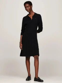 Tommy Hilfiger Naisten Neulemekko, SOFT WOOL CABLE POLO DRESS Musta
