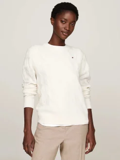 Tommy Hilfiger Naisten Neule, K-SOFT WOOL CABLE C-NK Luonnonvalkoinen