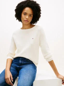 Tommy Hilfiger naisten neulepusero Cardi Fine GG LS Boat Neck Sweater, valkoinen