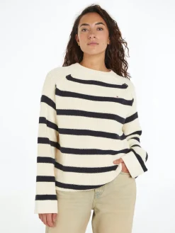 Tommy Hilfiger Naisten Raidallinen Neulepaita, CO CARDI STITCH C-NK SWT Raidallinen Valkoinen