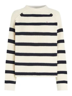 Tommy Hilfiger Naisten Raidallinen Neulepaita, CO CARDI STITCH C-NK SWT Raidallinen Valkoinen