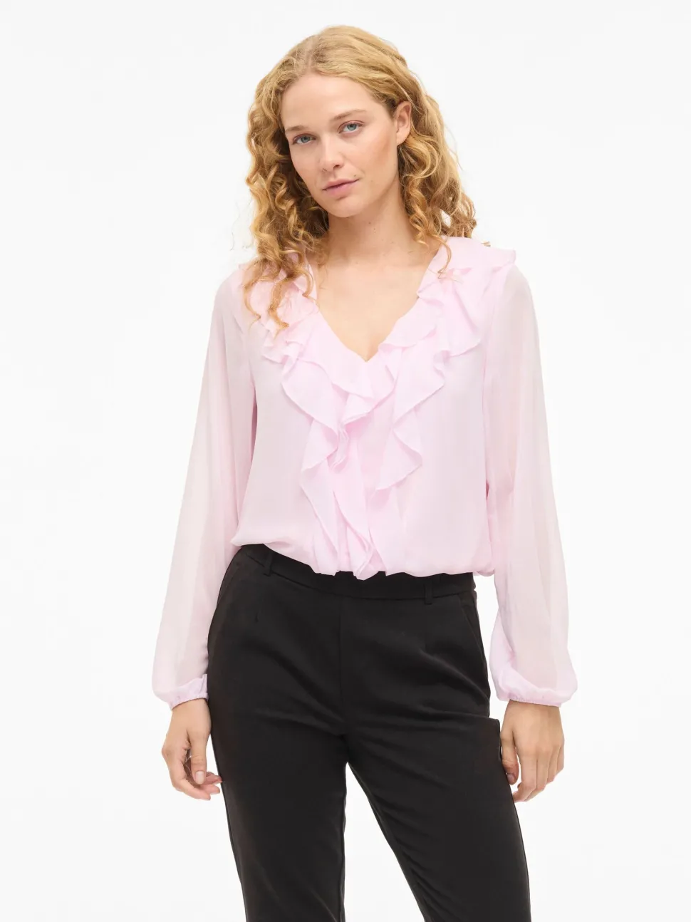 Vila naisten pusero Viane L/S V-Neck Frill Top, Cherry Blossom