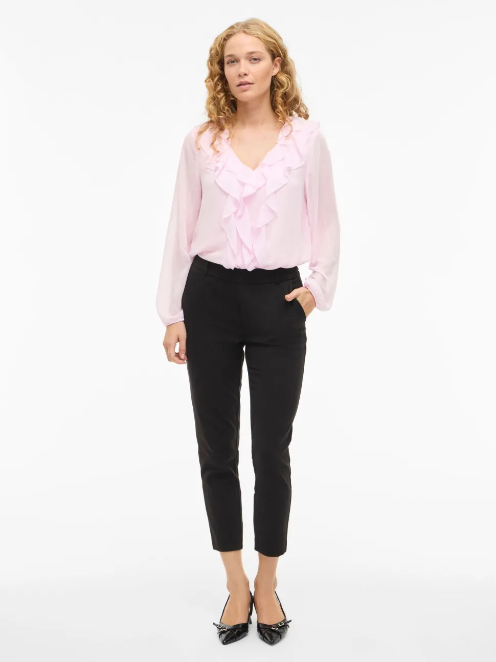 Vila naisten pusero Viane L/S V-Neck Frill Top, Cherry Blossom