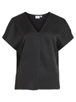 Vila naisten satiinitoppi, VIELLETTE V-NECK S/S SATIN TOP Musta