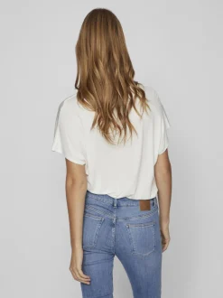 Vila naisten satiinitoppi, VIELLETTE V-NECK S/S SATIN TOP Valkoinen